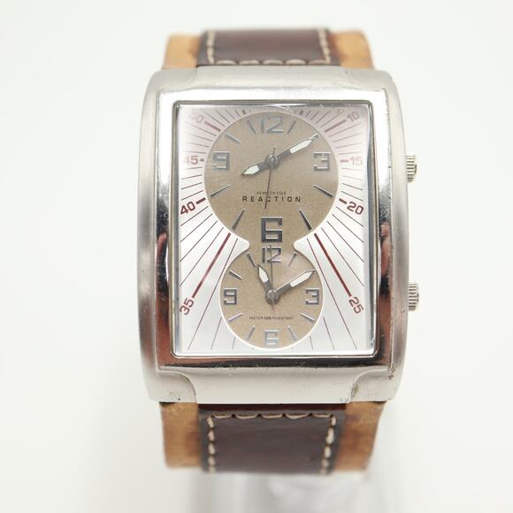 Kenneth Cole Reaction Mens Dual Time Multi Dial Tank Watch 38mm Leather Strap - Picture 3 of 16